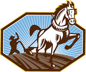 Image showing Farmer and Horse Plowing Farm Retro