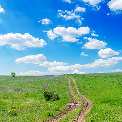Image showing winding road in green grass and cloudy sky