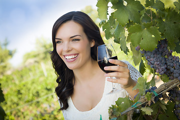 Image showing Young Adult Woman Enjoying A Glass of Wine in Vineyard