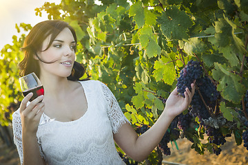 Image showing Young Adult Woman Enjoying A Glass of Wine in Vineyard