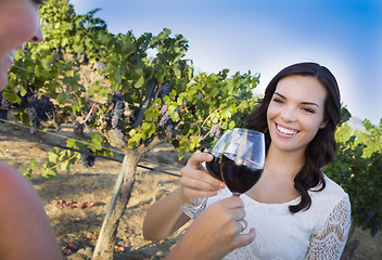 Image showing Young Woman Enjoying Glass of Wine in Vineyard With Friends