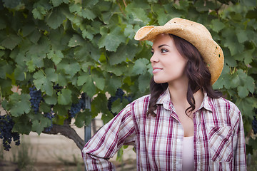 Image showing Young Adult Female Portrait Wearing Cowboy Hat in Vineyard