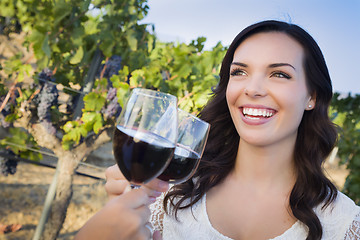 Image showing Young Woman Enjoying Glass of Wine in Vineyard With Friends