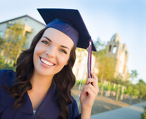 Image showing Happy Graduating Mixed Race Woman In Cap and Gown