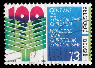 Image showing Stamp printed by Belgium dedicated to 100 year of Christian syndicalisme in Belgium