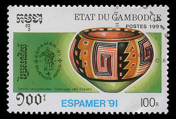 Image showing Stamp printed by Cambodia shows Pre-Columbian artefacts