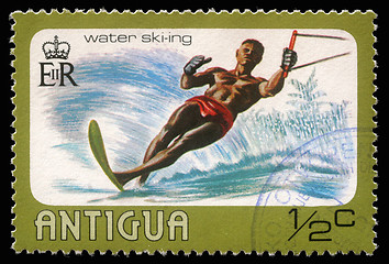 Image showing Stamp printed in Antigua shows water skiing