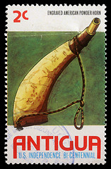 Image showing Stamp printed in Antigua shows Powder horn, Bicentenary of American Revolution