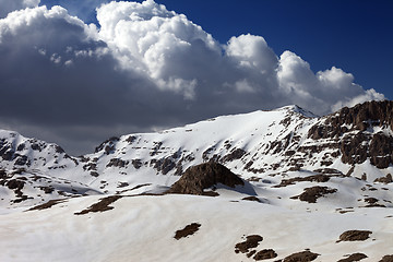 Image showing Snowy mountains in sunny day