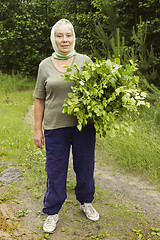 Image showing Mature beautiful woman with birch brooms