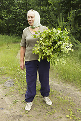 Image showing Mature beautiful woman prepares birch brooms