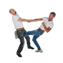 Image showing Man trying to kidnap another man, selfdefense, kicking in groin