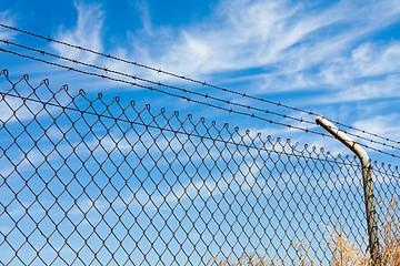 Image showing Mesh fence with barbed wire
