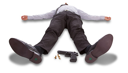 Image showing Suicide concept - man pointing shot himself