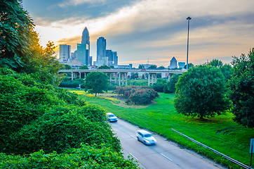 Image showing sun setting over charlotte north carolina a major metropolitan c