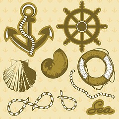 Image showing Vintage marine elements set. Includes anchor, rope, wheel, and shells.