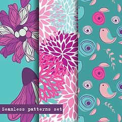 Image showing Set of three seamless pattern. Flowers and birds theme.