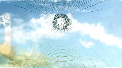 Image showing Violence and freedom: shattered galss and blue sky reflection