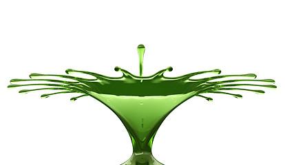 Image showing Splash of colorful green liquid with droplets and water crown is