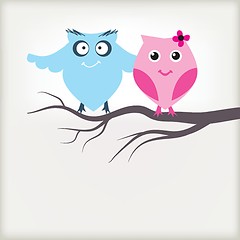 Image showing Two cute owls on the tree branch