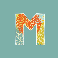 Image showing Hand drawn floral letter M isolated on blue background. Vintage vector alphabet