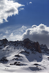 Image showing Snow mountains in sunny day