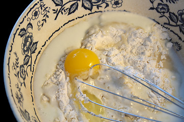 Image showing egg, flour, buttermilk and whisk