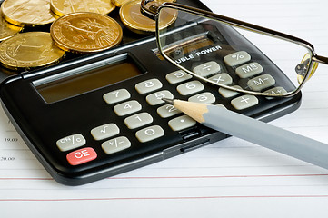 Image showing Calculator, glasses, coins and pencil