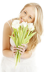 Image showing happy blond with white tulips #2