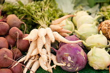 Image showing fresh root vegetable carrot potatoes onion beet on market 