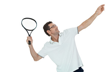 Image showing smiling adult tennis player with racket isolated