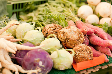 Image showing fresh root vegetable carrot potatoes onion beet on market 