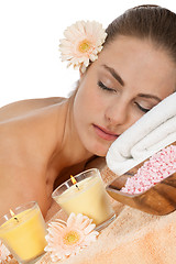 Image showing attractive helathy caucasian woman hot stone massage wellness 