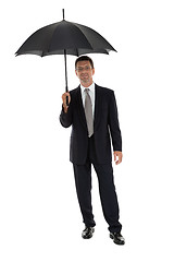 Image showing mature attractive business man with umbrella isolated