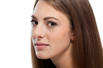 Image showing beautiful bruntte woman with straight long hair isolated