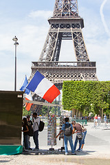 Image showing PARIS - JULY 27: Postcard stand at the Eiffel Tower on July 27, 