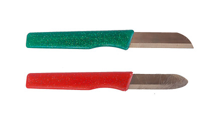 Image showing Two kitchen knifes red and green handles, new and used