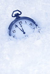 Image showing Pocket watch in snow, Happy New Year greeting card