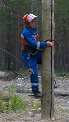 Image showing Electrician begins to climb on a power pole