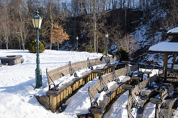 Image showing modern design seat tables snow restaurant winter 