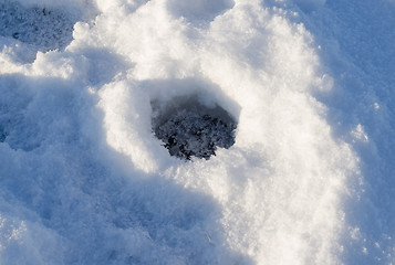 Image showing Closeup frozen fishing ice hole winter lake shadow 