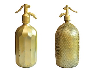 Image showing very old copper bottles for sparkling water