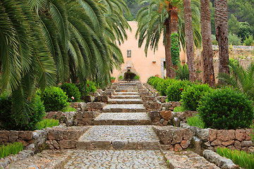 Image showing Straight garden walkway with cobblestones