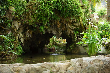 Image showing Ornamental pond and rock wall