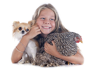 Image showing child, dog and chicken