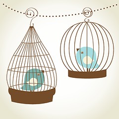 Image showing Vintage card with two cute birds in retro cages