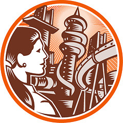 Image showing Futuristic City Woman Side Circle Woodcut