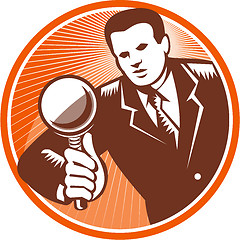 Image showing Businessman Holding Looking Magnifying Glass Woodcut