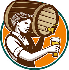 Image showing Woman Bartender Pouring Keg Barrel Beer Retro