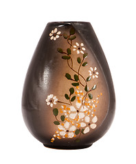 Image showing brown handmade clay vase flower paint on white 